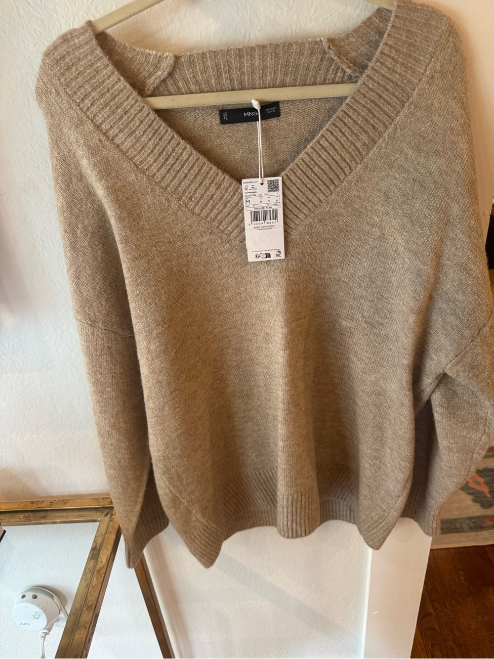 Mango Taupe V-Neck Oversized Knit Sweater